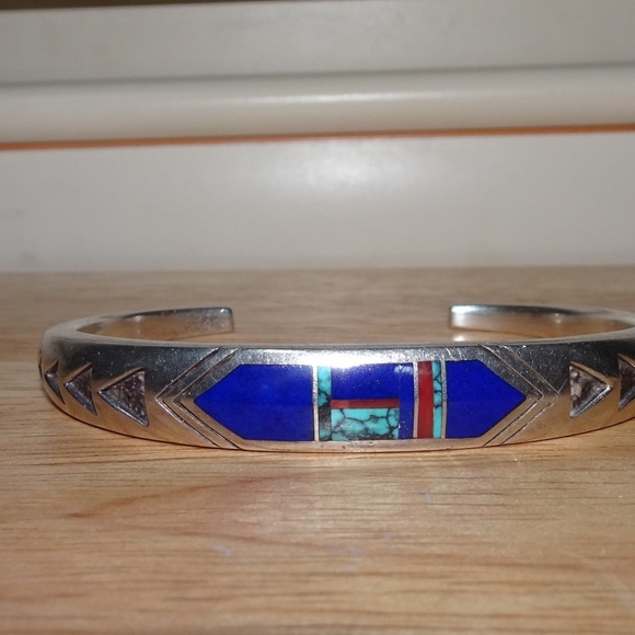 Native Lapis~Turquoise~Red Coral Sterling Bracelet - Picture 2 of 8